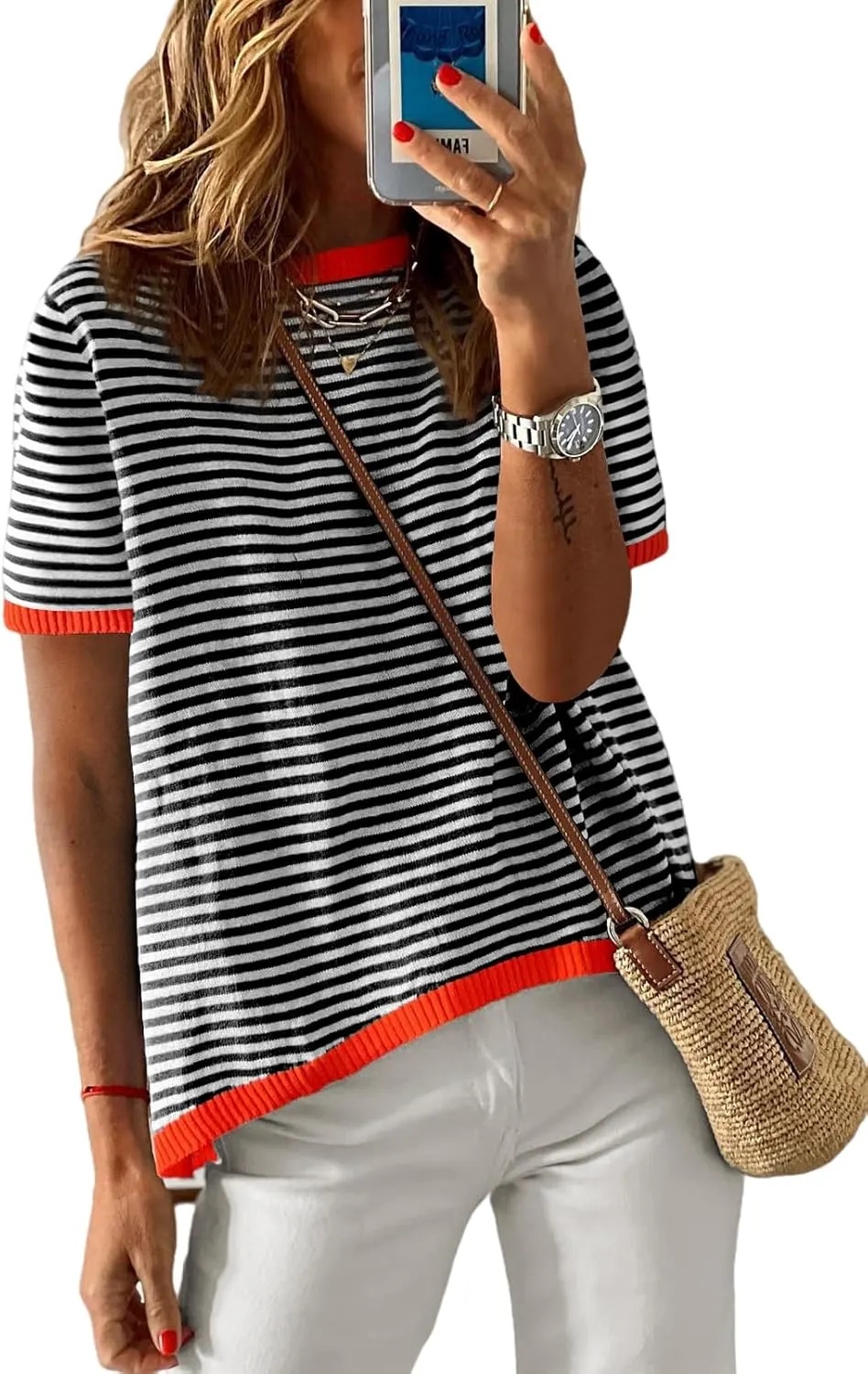 Womens Short Sleeve Sweaters Summer Casual Crewneck Striped Color Block Knitted Cotton Trendy Pullover Tops