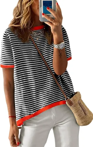 Womens Short Sleeve Sweaters Summer Casual Crewneck Striped Color Block Knitted Cotton Trendy Pullover Tops
