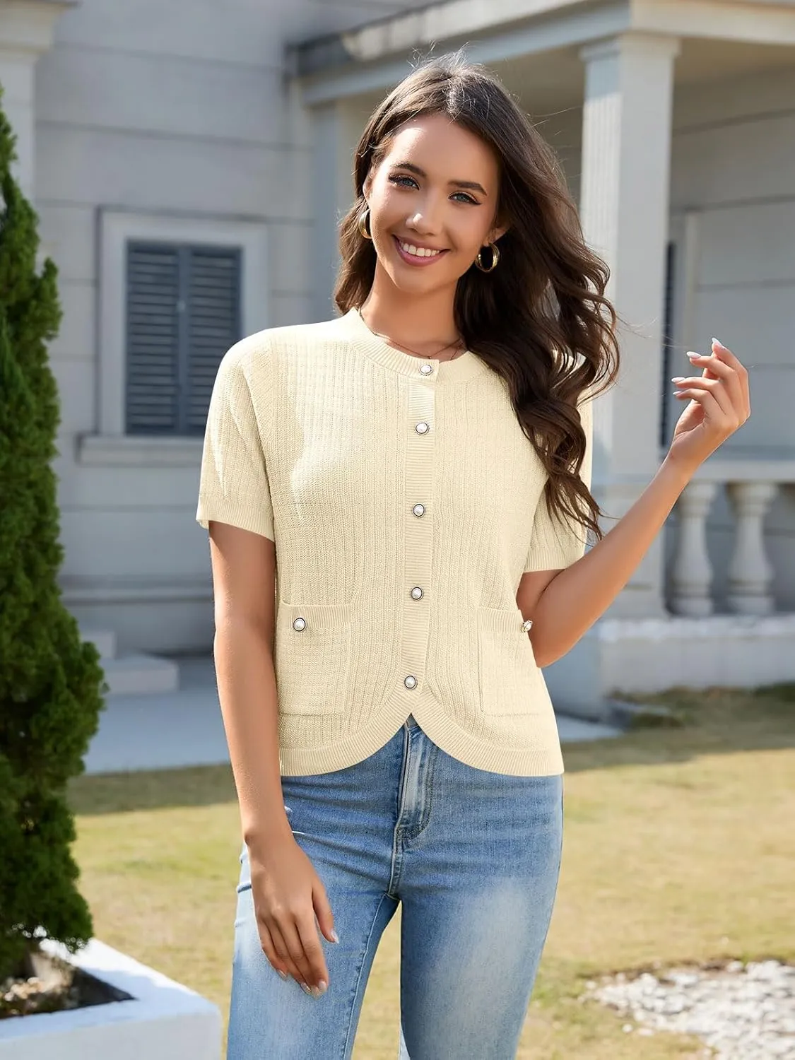 Women's Summer Short Sleeve Cardigans Cropped Tweed Blazers Button Up Knitted Sweater Jacket for Dress with Pockets