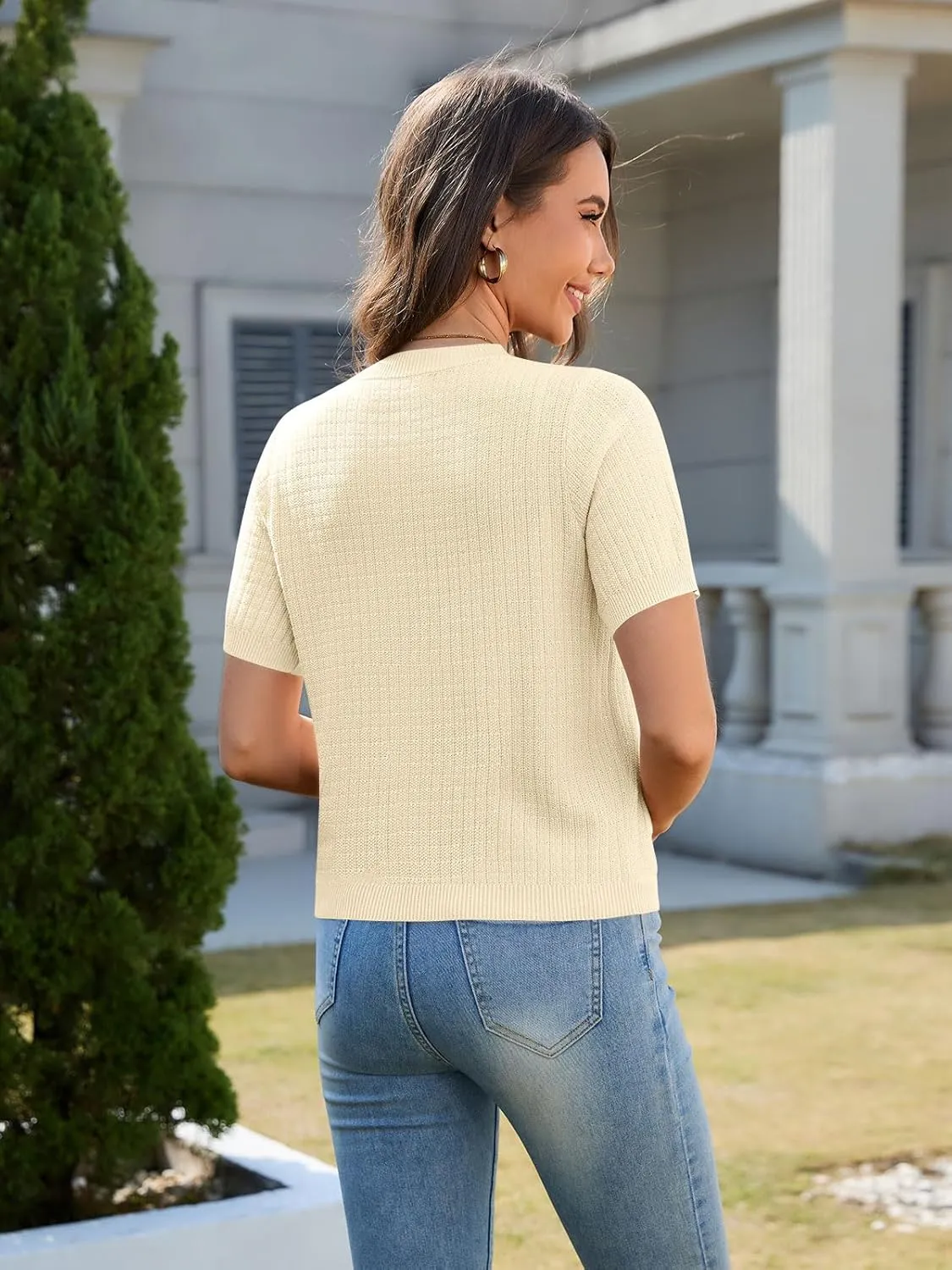 Women's Summer Short Sleeve Cardigans Cropped Tweed Blazers Button Up Knitted Sweater Jacket for Dress with Pockets