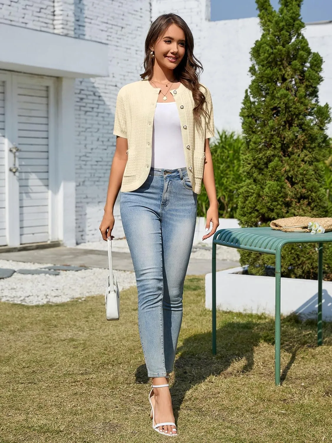 Women's Summer Short Sleeve Cardigans Cropped Tweed Blazers Button Up Knitted Sweater Jacket for Dress with Pockets