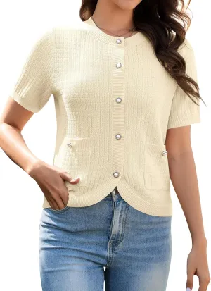 Women's Summer Short Sleeve Cardigans Cropped Tweed Blazers Button Up Knitted Sweater Jacket for Dress with Pockets