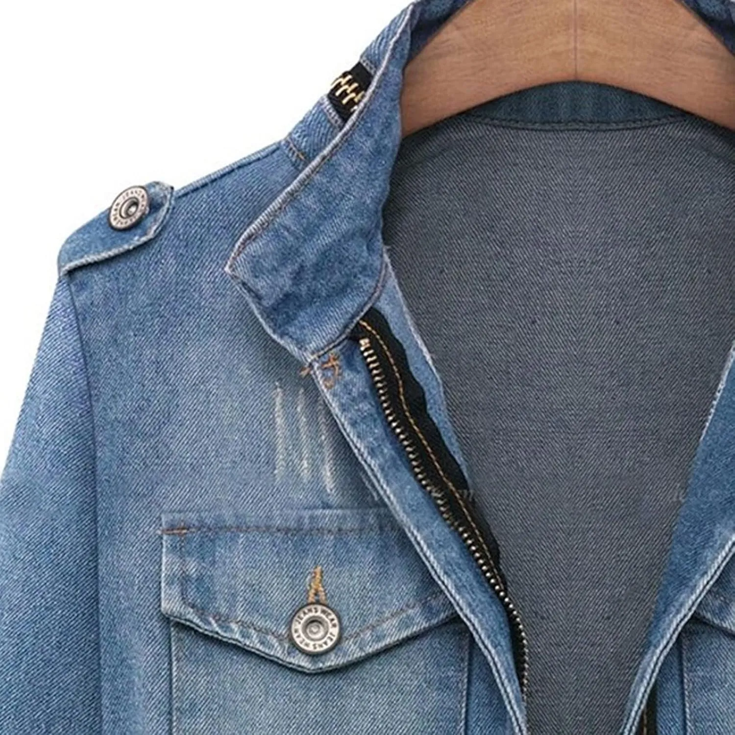 Women's Trendy Jean Jacket Zipper Pockets Blue Denim Jackets 2025 Ladies Plus Size Casual Fall Winter Coats