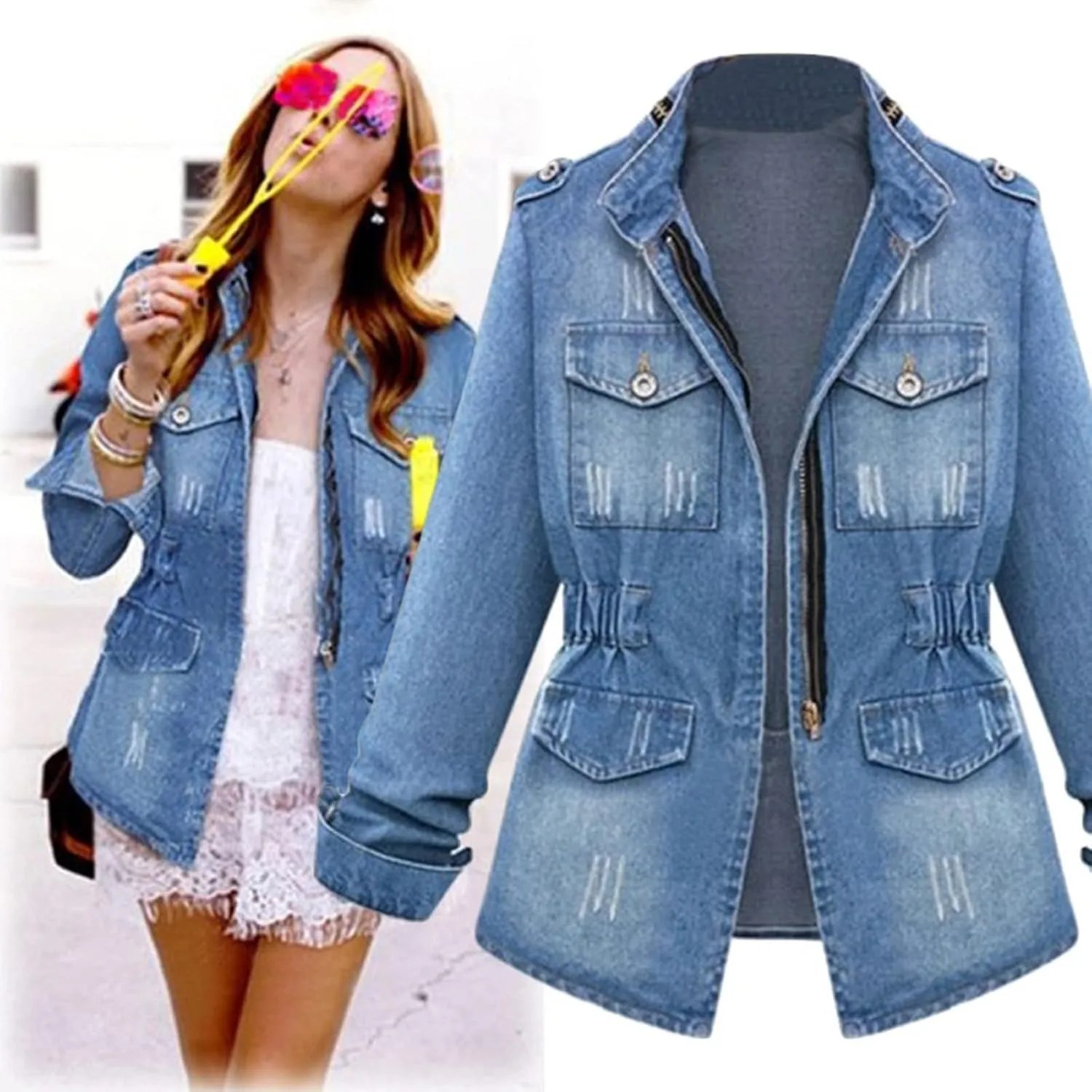Women's Trendy Jean Jacket Zipper Pockets Blue Denim Jackets 2025 Ladies Plus Size Casual Fall Winter Coats