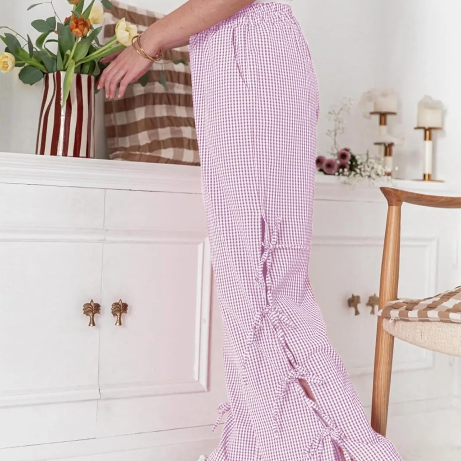 Women's Y2k Plaid Pants Side Tie Bow Wide Leg Pants High Elastic Waisted Cropped Palazzo Pants Gingham Lounge Pants
