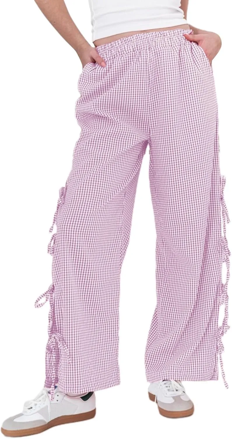 Women's Y2k Plaid Pants Side Tie Bow Wide Leg Pants High Elastic Waisted Cropped Palazzo Pants Gingham Lounge Pants