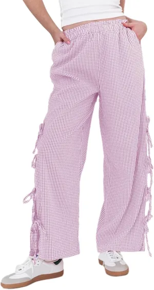 Women's Y2k Plaid Pants Side Tie Bow Wide Leg Pants High Elastic Waisted Cropped Palazzo Pants Gingham Lounge Pants