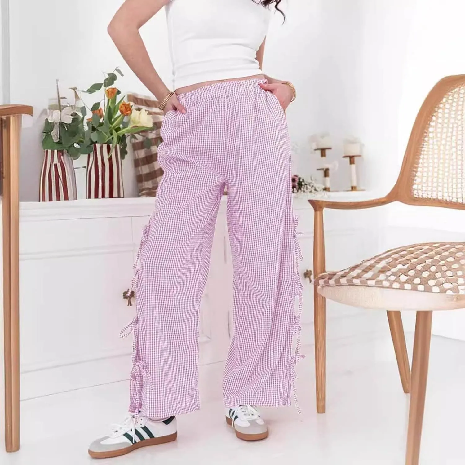 Women's Y2k Plaid Pants Side Tie Bow Wide Leg Pants High Elastic Waisted Cropped Palazzo Pants Gingham Lounge Pants