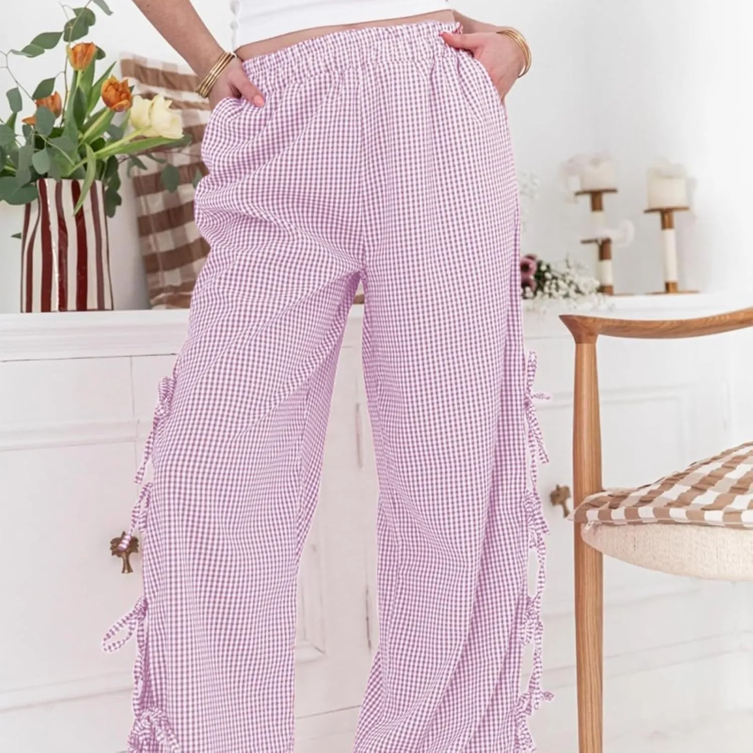 Women's Y2k Plaid Pants Side Tie Bow Wide Leg Pants High Elastic Waisted Cropped Palazzo Pants Gingham Lounge Pants